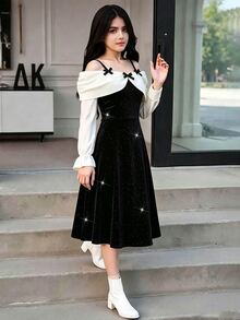SHEIN 1件女童甜美風派對晚餐約會秋季配色蝴蝶結露肩亮片長袖洋裝，聖誕新年黑白優雅款 - 黑與白 - 查看 5