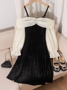 SHEIN 1件女童甜美風派對晚餐約會秋季配色蝴蝶結露肩亮片長袖洋裝，聖誕新年黑白優雅款 - 黑與白 - 查看 9