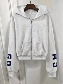 SHEIN 青少年女孩秋季灰色拉鍊落肩長袖寬鬆休閒衛衣外套，寬鬆抓絨內裡基礎休閒衛衣外套 - 灰色 - 查看 3