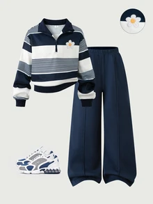 SHEIN 青少年女孩長袖抓絨秋季套裝 2件/套 返校季 酒紅色紐約字母圖案立領運動衫長褲套裝 80年代運動風 - 藍色 - 查看 9