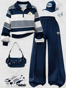SHEIN 青少年女孩長袖抓絨秋季套裝 2件/套 返校季 酒紅色紐約字母圖案立領運動衫長褲套裝 80年代運動風 - 藍色 - 查看 1