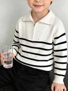 SHEIN Tween Boy Casual Black & White Striped Stand Collar Button-Front Sweater, Suitable For Commuting, School, Daily Casual Outings, Sports, Autumn/Winter - Black and White - View 5