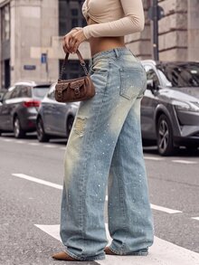 BriallanyX BriallanyX Women's Waist Button Design Double Pocket Distressed White Paint Splatter Fashion Denim Wide Leg Pants - Blue - View 3