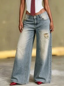 BriallanyX BriallanyX Women's Waist Button Design Double Pocket Distressed White Paint Splatter Fashion Denim Wide Leg Pants - Blue - View 6