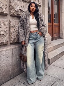 BriallanyX BriallanyX Women's Waist Button Design Double Pocket Distressed White Paint Splatter Fashion Denim Wide Leg Pants - Blue - View 5