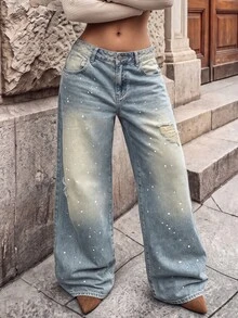 BriallanyX BriallanyX Women's Waist Button Design Double Pocket Distressed White Paint Splatter Fashion Denim Wide Leg Pants - Blue - View 1