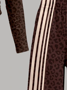 Tween Girls 2 Pcs Dark Brown Abstract Leopard Print Patchwork Long Sleeve T-Shirt & Wide Leg Pants Set, Casual Daily Wear, Brown Top, Winter Outfits - Multicolor - View 7