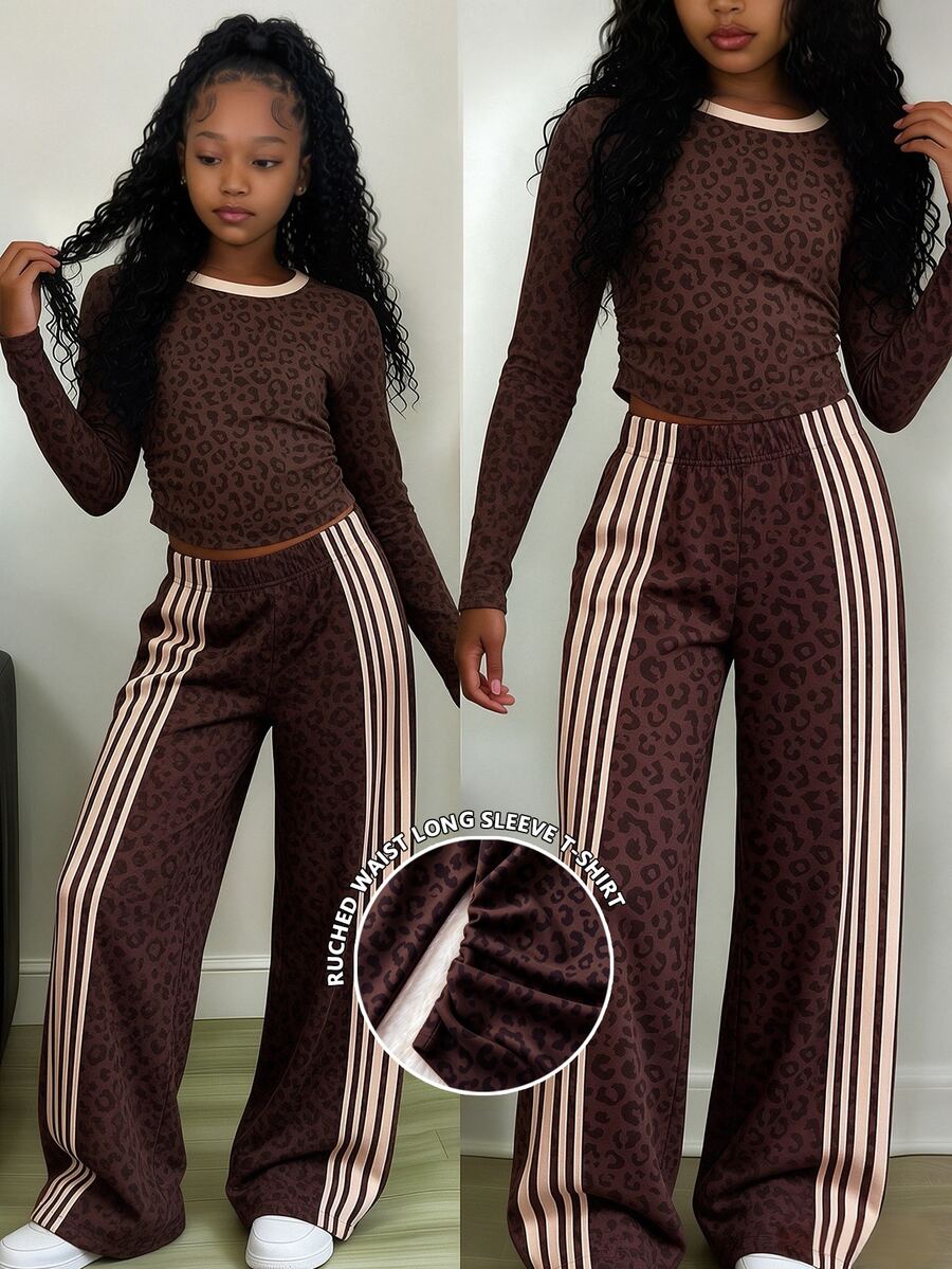 Tween Girls 2 Pcs Dark Brown Abstract Leopard Print Patchwork Long Sleeve T-Shirt & Wide Leg Pants Set, Casual Daily Wear, Brown Top, Winter Outfits - Multicolor - View 1