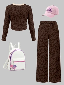 Tween Girls 2 Pcs Dark Brown Abstract Leopard Print Patchwork Long Sleeve T-Shirt & Wide Leg Pants Set, Casual Daily Wear, Brown Top, Winter Outfits - Multicolor - View 2