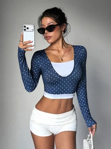 StreetHx Women's Polka Dot 2 In 1 Patchwork Casual Daily Sports T-Shirt - Multicolor - View 3