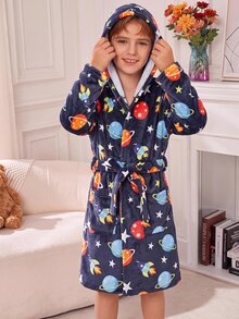 SHEIN Kids Tween Boy Autumn/Winter Cute Space Planet Pattern Hooded Loungewear Bathrobe Pajamas Soft Skin-Friendly Flannel - Blue - View 4