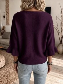 Elouméa 優雅休閒純色荷葉邊針織蝙蝠袖套頭毛衣，復古風早午餐秋季服飾，2026秋冬現代鄉村風衣著 - 紫色 - 查看 2