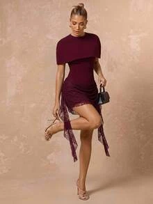 Lumalex Winter Fall Exquisite Lace Patchwork Fitted Waist Bodycon Mini Dress With Shawl Going Out Vacation Outfits Cruise Outfit For Women - Burgundy - View 2