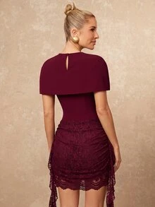 Lumalex Winter Fall Exquisite Lace Patchwork Fitted Waist Bodycon Mini Dress With Shawl Going Out Vacation Outfits Cruise Outfit For Women - Burgundy - View 3