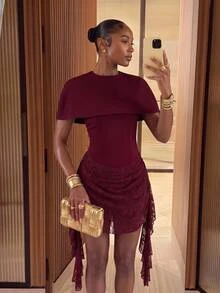 Lumalex Winter Fall Exquisite Lace Patchwork Fitted Waist Bodycon Mini Dress With Shawl Going Out Vacation Outfits Cruise Outfit For Women - Burgundy - View 4