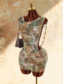 Amplova Women's Cowl Neck Beaded Backless Sheer Swimsuit Cover-Up, Versatile Brown And Teal Retro Boho Tropical Sexy Avant-Garde Style Beach Vacation Summer - Multicolor - View 4