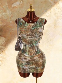Amplova Women's Cowl Neck Beaded Backless Sheer Swimsuit Cover-Up, Versatile Brown And Teal Retro Boho Tropical Sexy Avant-Garde Style Beach Vacation Summer - Multicolor - View 8