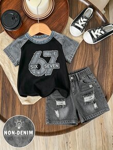 Young Boy Fashion Crew Neck Short Sleeve T-Shirt And Shorts Set, 2-Piece Outfit, Denim Effect 67 Graphic Design, Vacation Style, Holiday Parties, Summer - Multicolor - View 4