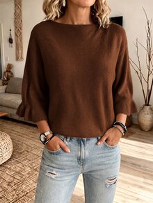 Elouméa Vintage American Style Mature Woman Aesthetic Slimming Elastic Soft Knit Sweater - Brown - View 6