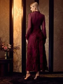 MOTF PREMIUM FLOWY TEXTURED FABRIC FASHION SLIMMING WAIST ELEGANT ELEGANT WOMEN'S DRESS - Burgundy - View 3