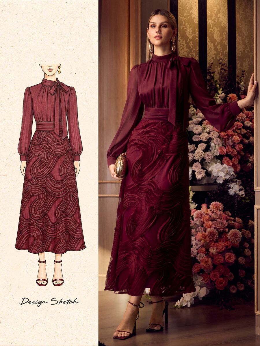 MOTF PREMIUM FLOWY TEXTURED FABRIC FASHION SLIMMING WAIST ELEGANT ELEGANT WOMEN'S DRESS - Burgundy - View 1