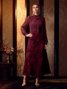 MOTF PREMIUM FLOWY TEXTURED FABRIC FASHION SLIMMING WAIST ELEGANT ELEGANT WOMEN'S DRESS - Burgundy - View 5