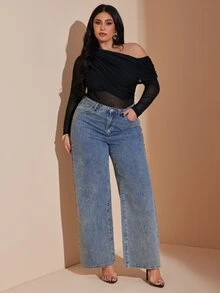SHEIN BAE Plus Size Women's Black Asymmetric Shoulder Mesh Patchwork Ruched Semi-Sheer Bodysuit,Autumn Classy Formal Evening Night Out Club Elegant Blouse Curve - Black - View 5