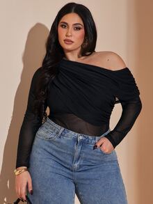 SHEIN BAE Plus Size Women's Black Asymmetric Shoulder Mesh Patchwork Ruched Semi-Sheer Bodysuit,Autumn Classy Formal Evening Night Out Club Elegant Blouse Curve - Black - View 1