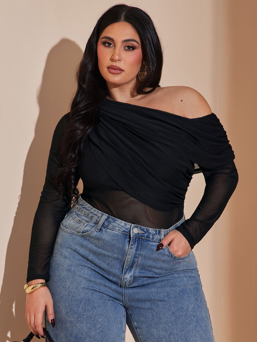 SHEIN BAE Plus Size Women's Black Asymmetric Shoulder Mesh Patchwork Ruched Semi-Sheer Bodysuit,Autumn Classy Formal Evening Night Out Club Elegant Blouse Curve - Black - View 1