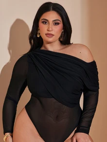 SHEIN BAE Plus Size Women's Black Asymmetric Shoulder Mesh Patchwork Ruched Semi-Sheer Bodysuit,Autumn Classy Formal Evening Night Out Club Elegant Blouse Curve - Black - View 2