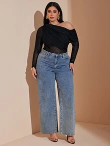 SHEIN BAE Plus Size Women's Black Asymmetric Shoulder Mesh Patchwork Ruched Semi-Sheer Bodysuit,Autumn Classy Formal Evening Night Out Club Elegant Blouse Curve - Black - View 6