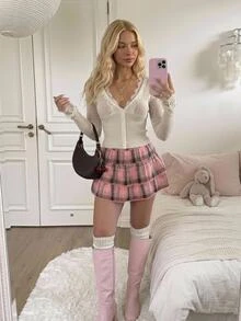 CovetEZ 女款格紋百褶休閒百搭迷你裙 - 粉色 - 查看 5