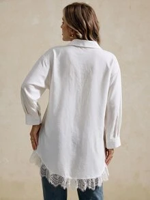 Easura Plus Size Women's Autumn/Winter Long Shirt With Lace Patchwork And Ruffle Hem, Casual Commute Elegant Blouse Fall - White - View 8