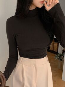 DAZY Women's Autumn New High Collar Slim Fit Long Sleeve T-Shirt, Fall Winter Vacation - Coffee Brown - View 9