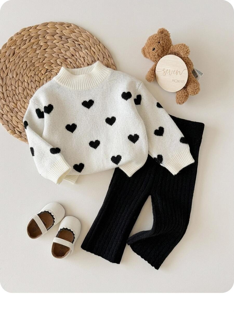 SHEIN 2pcs Baby Girl Cute Polka Dot Long Sleeve Sweater & Elastic Waist Pants Set, Casual Autumn/Winter Fall - Black and White - View 1