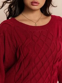 CovetEZ Autumn/Winter Christmas Red Twisted Knot Crochet Casual Versatile Plus Size Sweater - Red - View 10