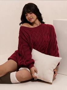 CovetEZ Autumn/Winter Christmas Red Twisted Knot Crochet Casual Versatile Plus Size Sweater - Red - View 1