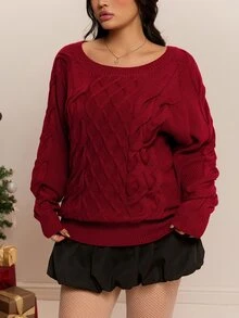 CovetEZ Autumn/Winter Christmas Red Twisted Knot Crochet Casual Versatile Plus Size Sweater - Red - View 5