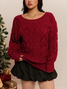 CovetEZ Autumn/Winter Christmas Red Twisted Knot Crochet Casual Versatile Plus Size Sweater - Red - View 3