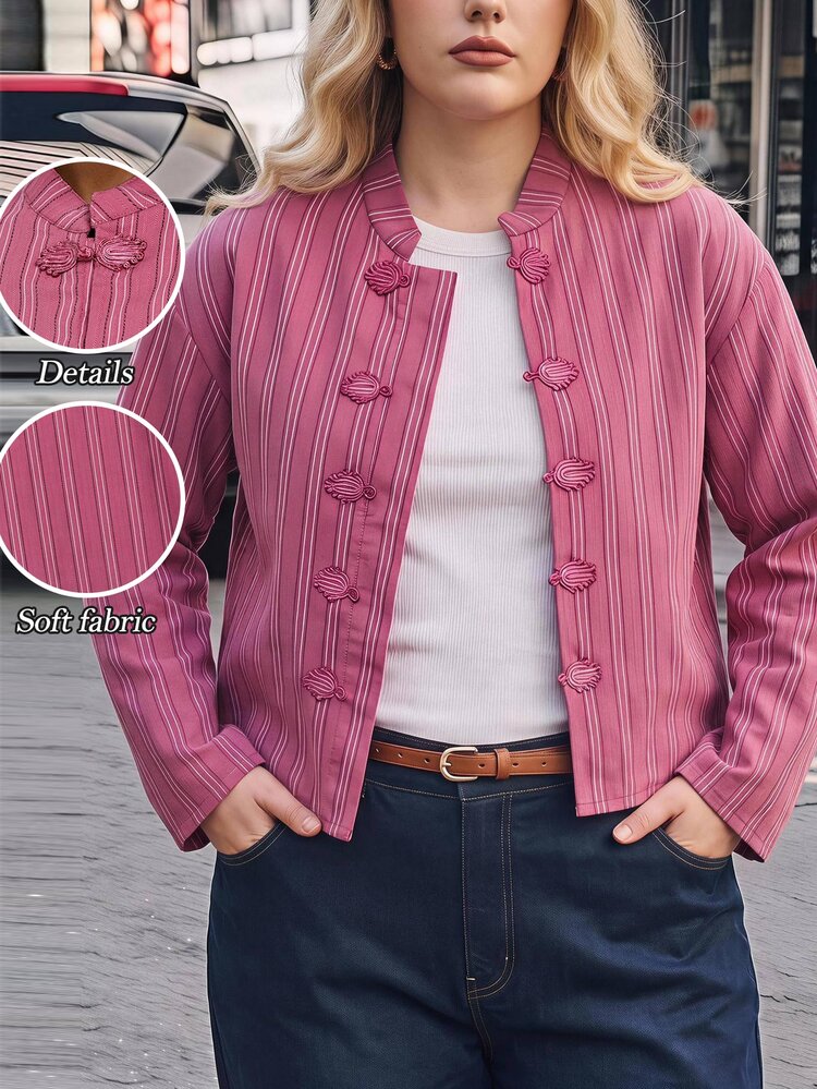 Maija Plus Size Women's Pink Button-Front Long Sleeve Casual Capsule Jacket Fall Office Going Out - Pink - View 9
