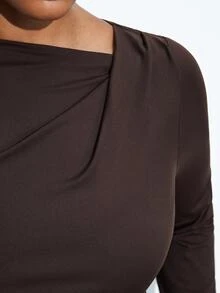 Maija Plus Size Coffee Color Long Sleeve Base Layer T-Shirt Knit Top Autumn Christmas Party Holiday Thanksgiving Women Clothing - Coffee Brown - View 2