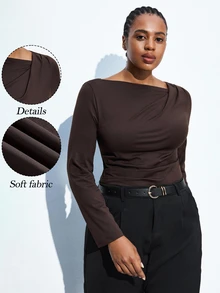 Maija Plus Size Coffee Color Long Sleeve Base Layer T-Shirt Knit Top Autumn Christmas Party Holiday Thanksgiving Women Clothing - Coffee Brown - View 9