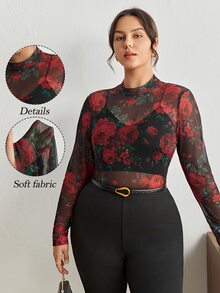 Maija Plus Size Women Rose Floral Sheer Top, Black And Red, Autumn, Classy, Party Long Sleeve Fitted Top For Valentine's Day Wedding Work - Red - View 2