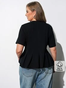 Maija Plus Size Black Round Neck Short Sleeve Fitted Top Ruffle Hem Elegant Streetwear Smart Soft Form Casual Office Formal Vacation Brunch Summer Halloween - Black - View 9