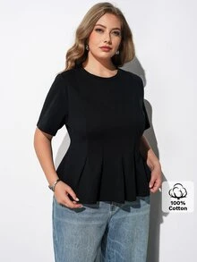 Maija Plus Size Black Round Neck Short Sleeve Fitted Top Ruffle Hem Elegant Streetwear Smart Soft Form Casual Office Formal Vacation Brunch Summer Halloween - Black - View 3