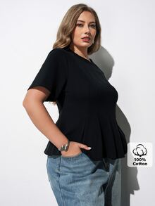 Maija Plus Size Black Round Neck Short Sleeve Fitted Top Ruffle Hem Elegant Streetwear Smart Soft Form Casual Office Formal Vacation Brunch Summer Halloween - Black - View 4