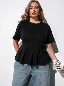 Maija Plus Size Black Round Neck Short Sleeve Fitted Top Ruffle Hem Elegant Streetwear Smart Soft Form Casual Office Formal Vacation Brunch Summer Halloween - Black - View 7