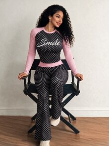Mistrie Women's Autumn Winter 2 Pieces Set, Round Neck Polka Dot Print, Latin Sport Style Slim Flared Pants, For Commuting, Dates & Home Wear - Multicolor - View 4