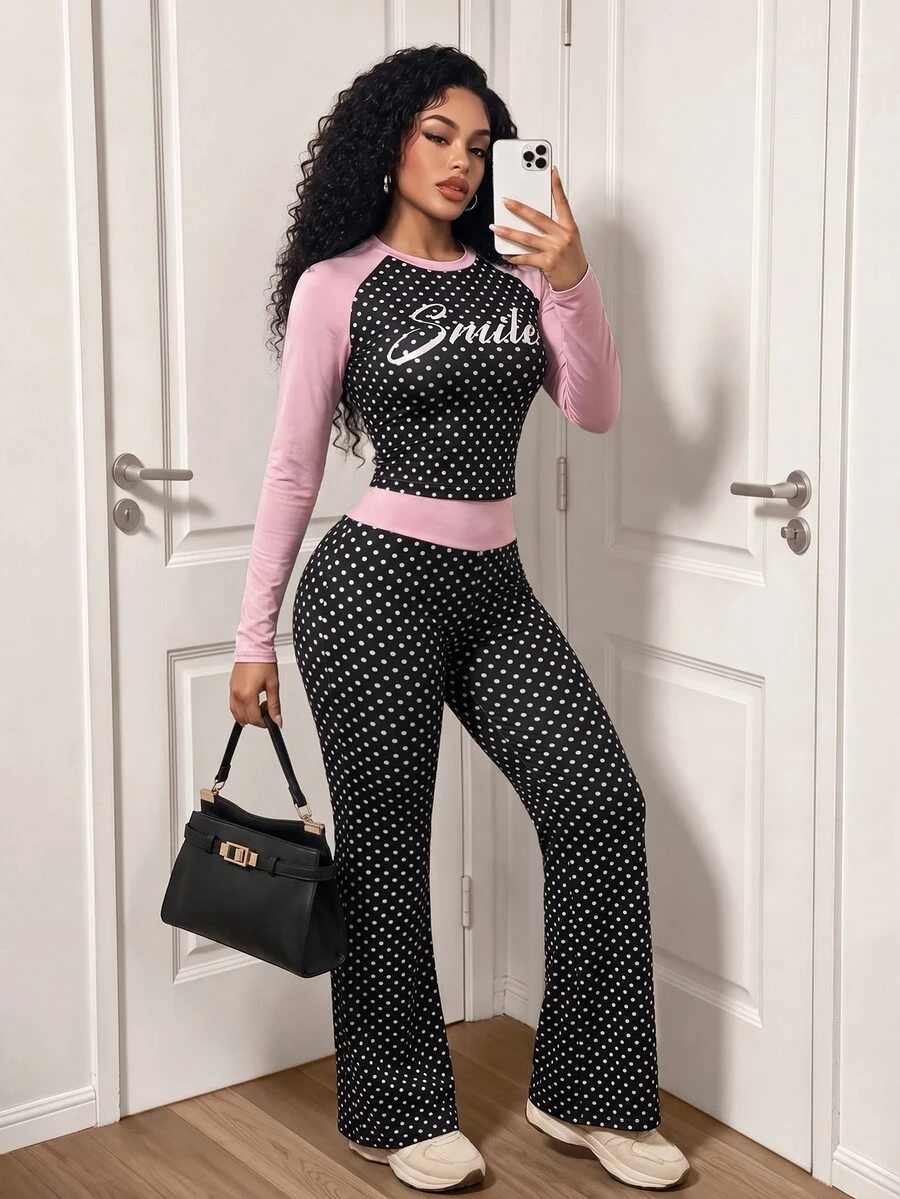 Mistrie Women's Autumn Winter 2 Pieces Set, Round Neck Polka Dot Print, Latin Sport Style Slim Flared Pants, For Commuting, Dates & Home Wear - Multicolor - View 1