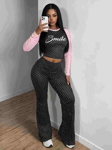 Mistrie Women's Autumn Winter 2 Pieces Set, Round Neck Polka Dot Print, Latin Sport Style Slim Flared Pants, For Commuting, Dates & Home Wear - Multicolor - View 3